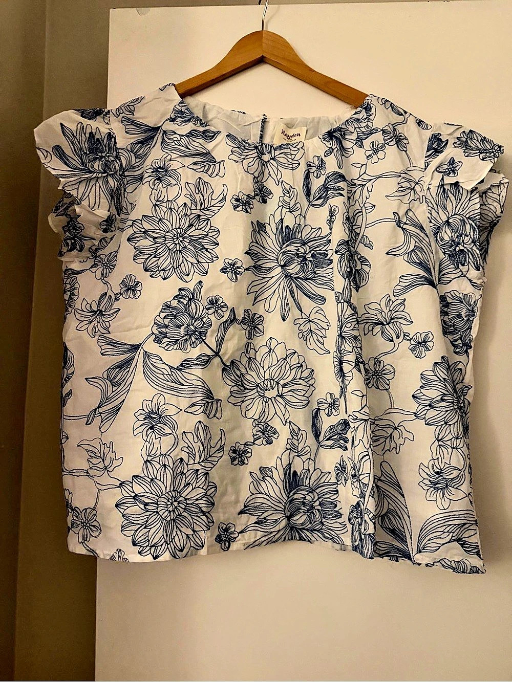 Hayden Embroidered Floral Blouse in White & Blue NWT